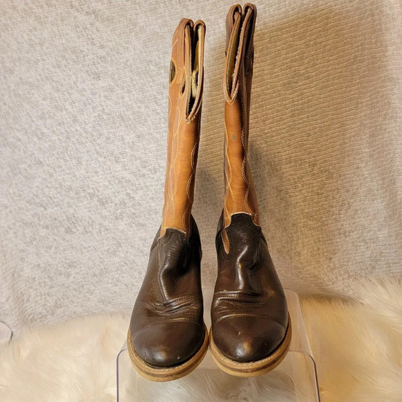 Vintage Acme Cognac Deep Brown‎ Two Toned Cowboy Western Boots Pull On Retro - Picture 5 of 11